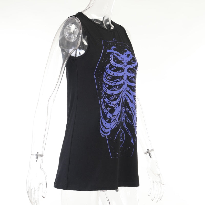 Grunge Skeleton Print Black Dress