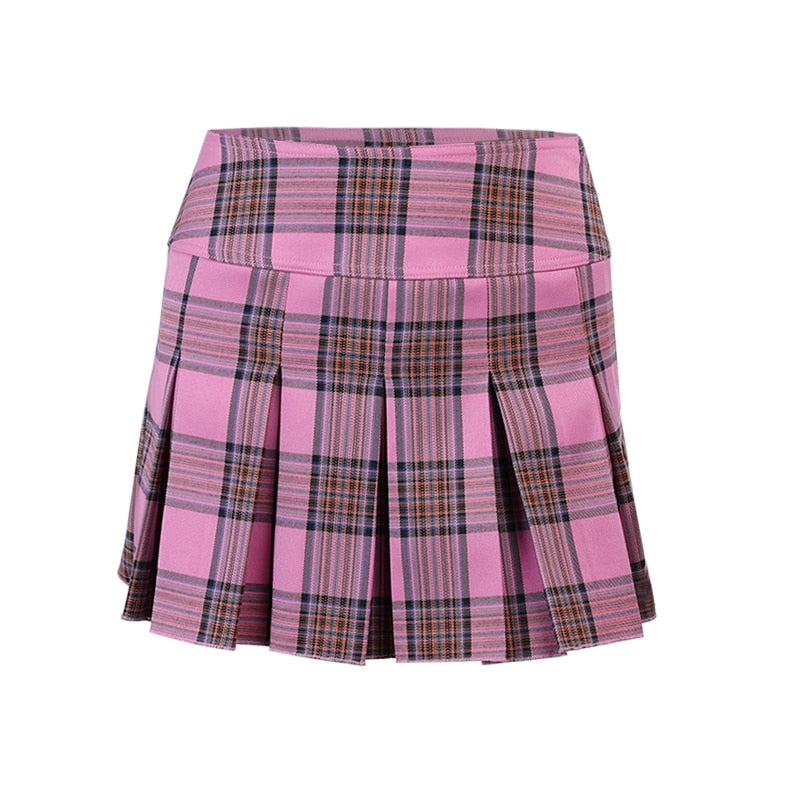 High Waist Plaid Pink Skirt freeshipping - Chagothic