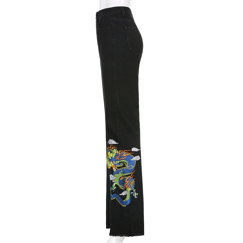 Grunge Dragon Embroidery Black Pant