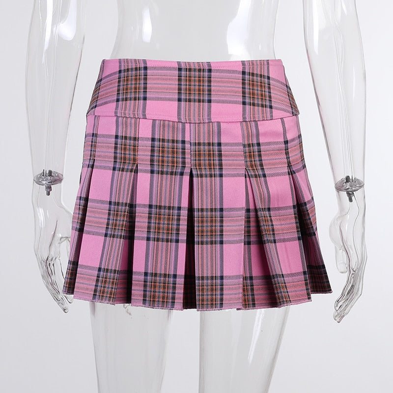 High Waist Plaid Pink Skirt freeshipping - Chagothic