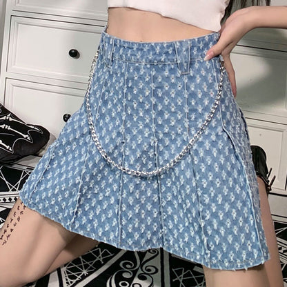 Grunge Blue Denim With Hole Skirt