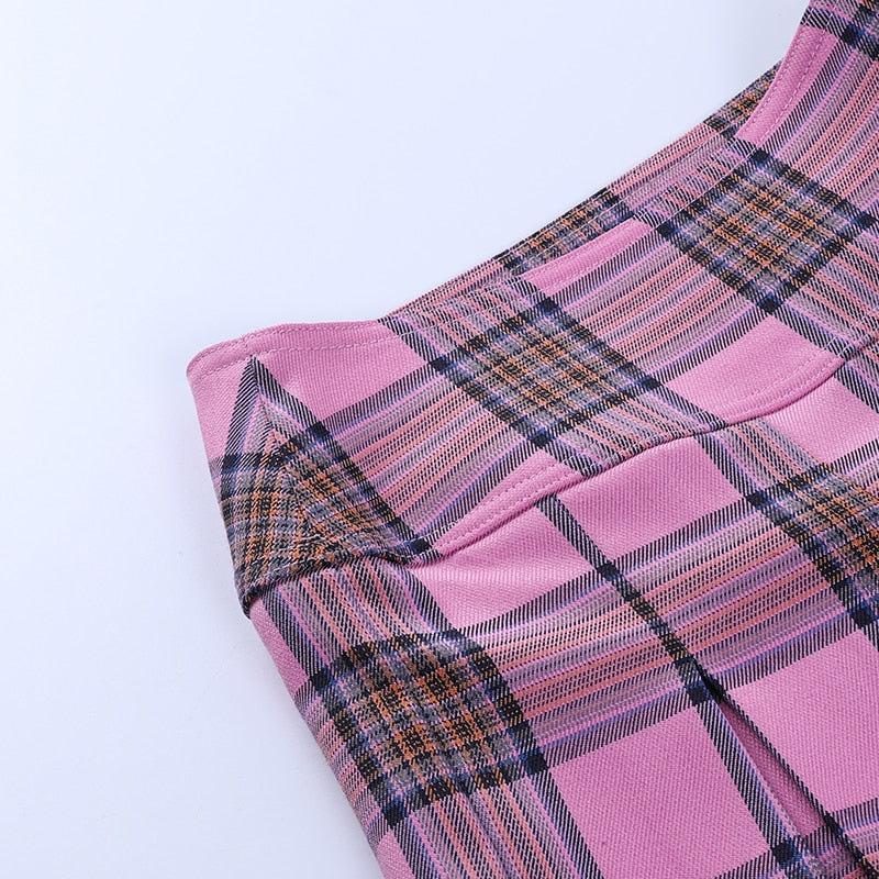 High Waist Plaid Pink Skirt freeshipping - Chagothic