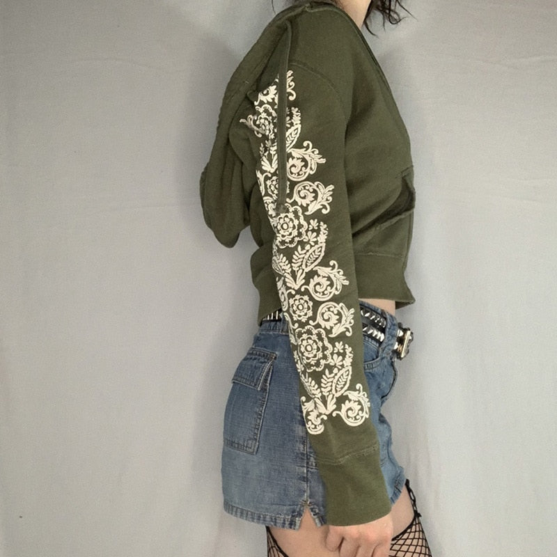 Vintage Floral Print Green Hoodie freeshipping - Chagothic
