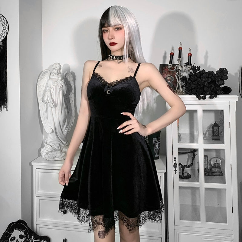 Gothic Lace Trim Black Mini Dress