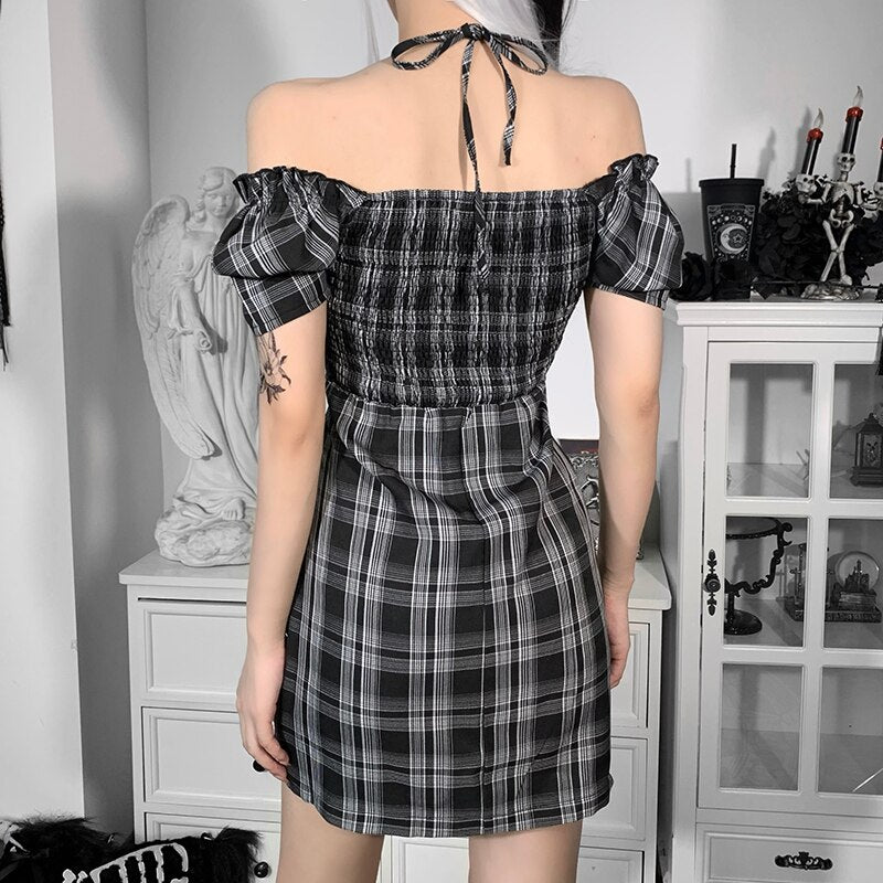 Halter Black Plaid Dress