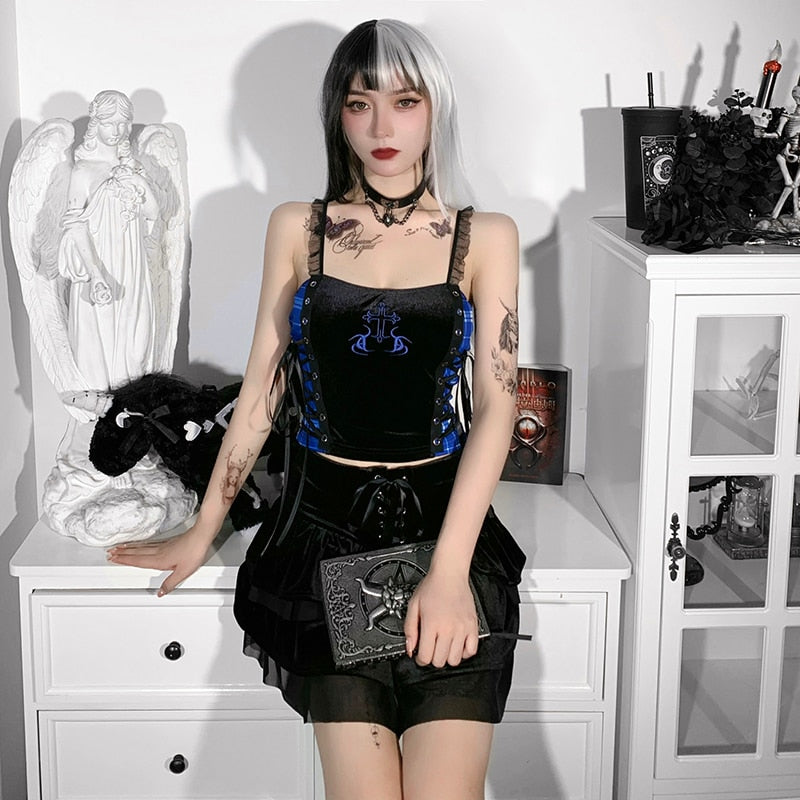 Lace Blue Pleated Top Goth