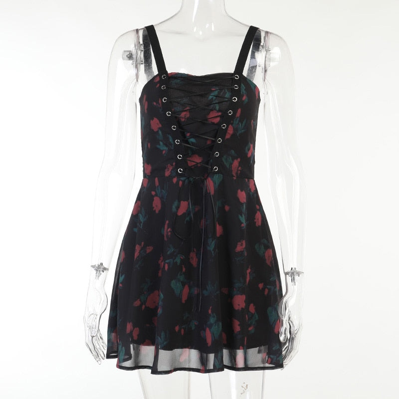 Vintage Lace Up Black Floral Print Dress