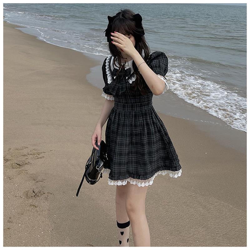 Gothic Vintage Black Plaid Mini Dress