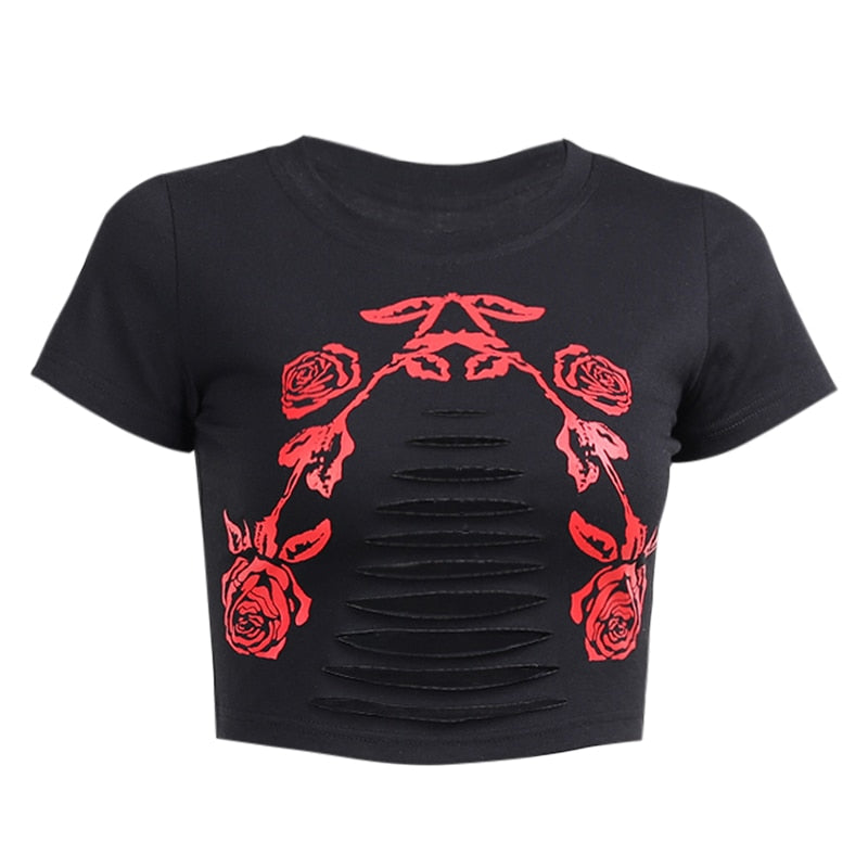 Gothic Rose Print Black T-shirt freeshipping - Chagothic
