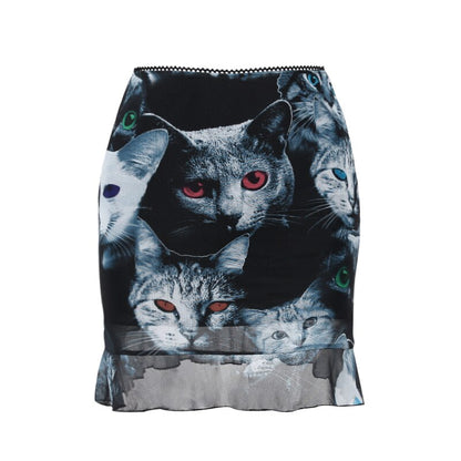 High Waist Mesh Cat Print Mini Skirt