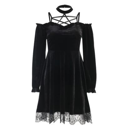 Gothic Black Sexy Pentagram Halter Dress