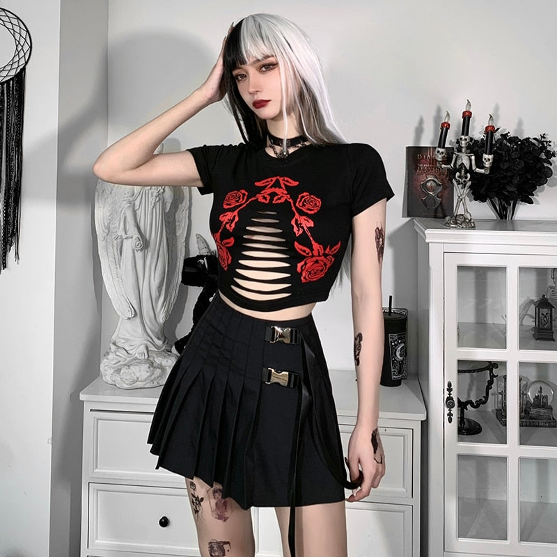 Gothic Rose Print Black T-shirt freeshipping - Chagothic