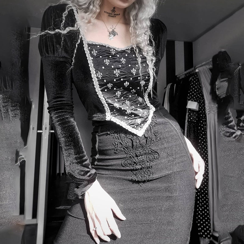 Goth Vintage Floral Black Denim Skirt freeshipping - Chagothic
