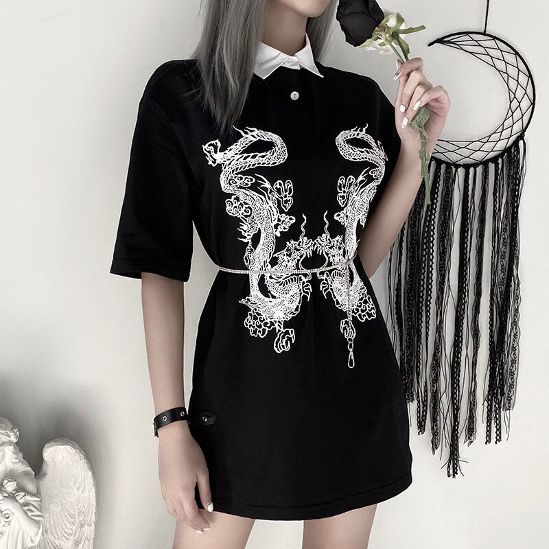 Gothic Black Loose Long T-shirt freeshipping - Chagothic