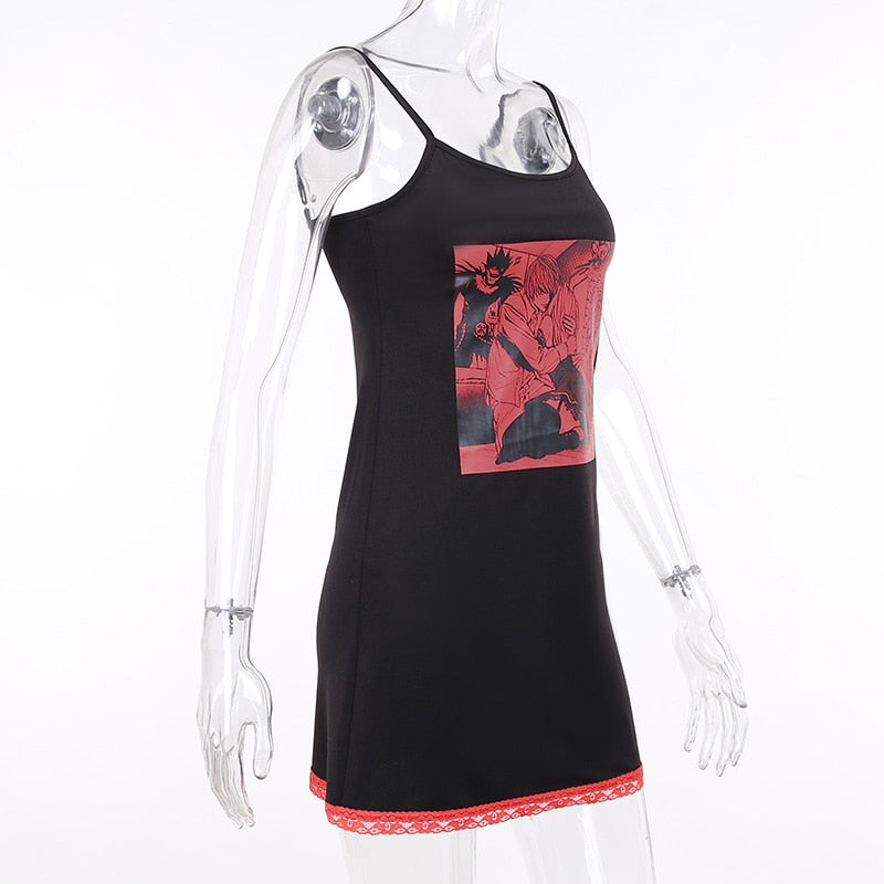 Grunge Anime Print Black Mini Dress