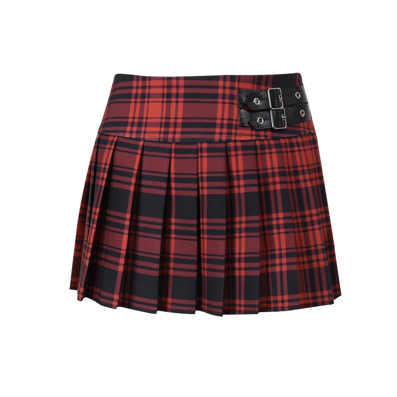 Grunge Belt Red Plaid Pleated Skirt