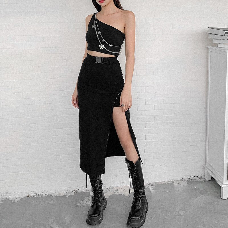 Goth Punk Sexy Hollow Out Midi Skirt freeshipping - Chagothic