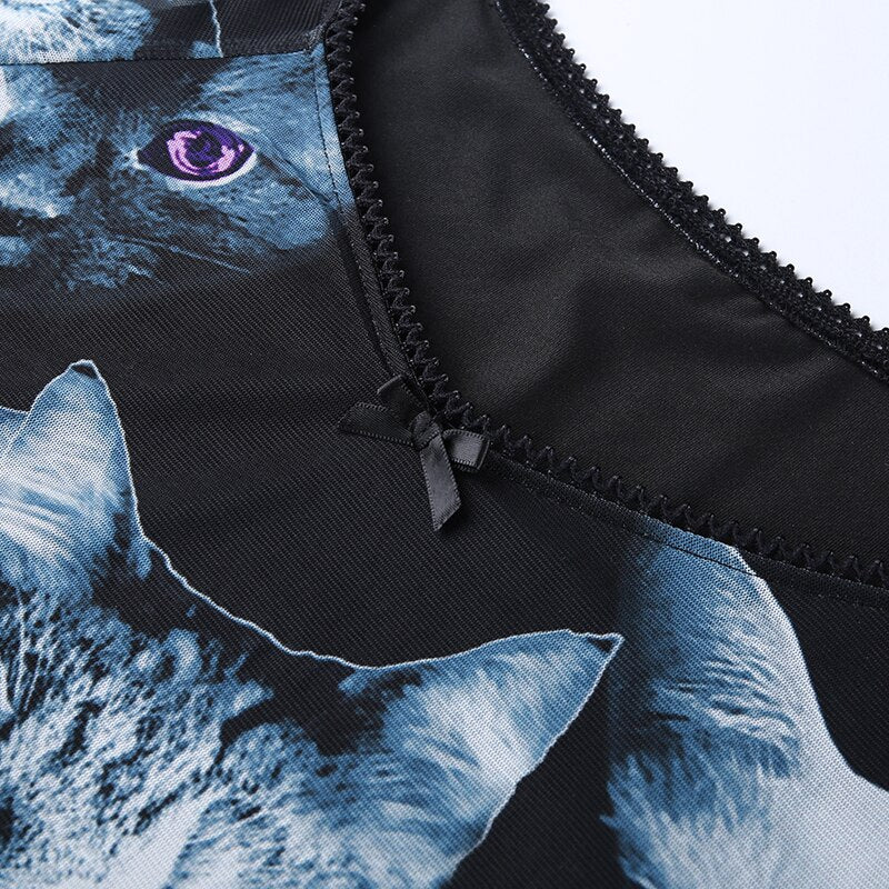 Grunge Cat Print Mesh Black Skirt Suits