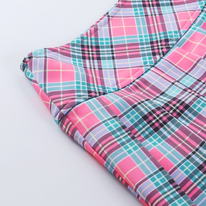 Gothic Pink Plaid Pleated Skirt freeshipping - Chagothic