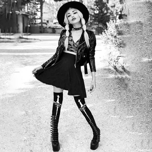Grunge Black Skull Print Long Sock
