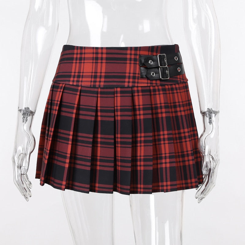 Grunge Belt Red Plaid Pleated Skirt