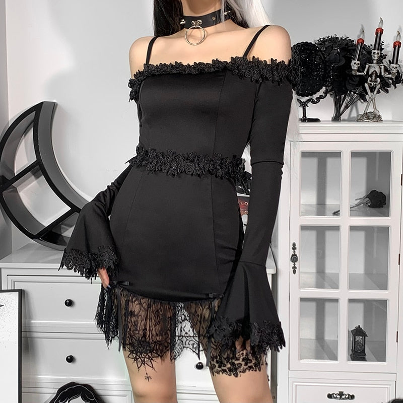 Gothic Sexy Off Shoulder Lace Tirm Dress