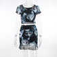 Grunge Cat Print Mesh Black Skirt Suits