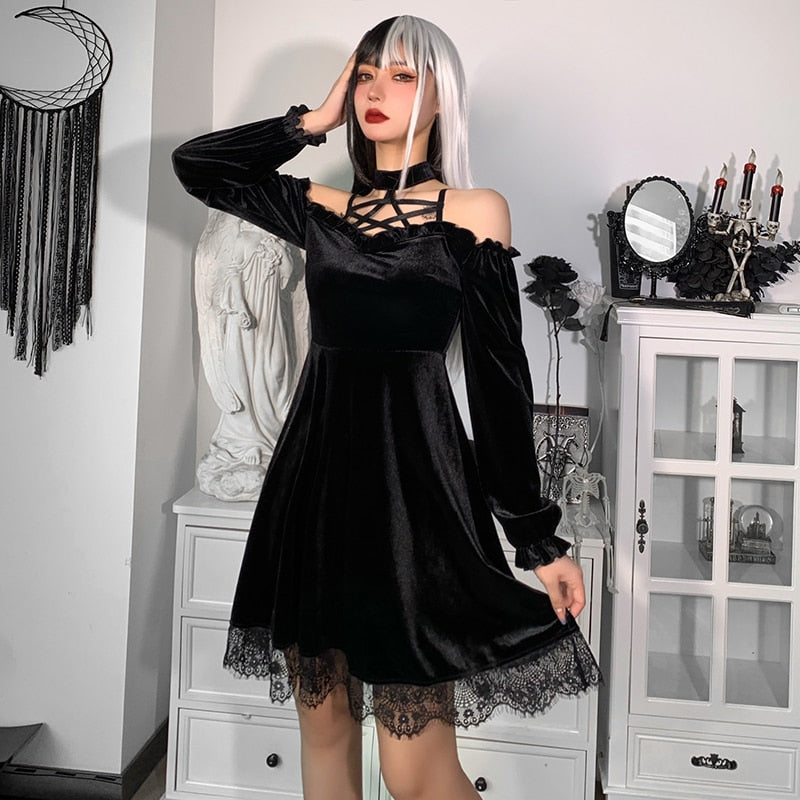Gothic Black Sexy Pentagram Halter Dress