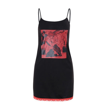 Grunge Anime Print Black Mini Dress