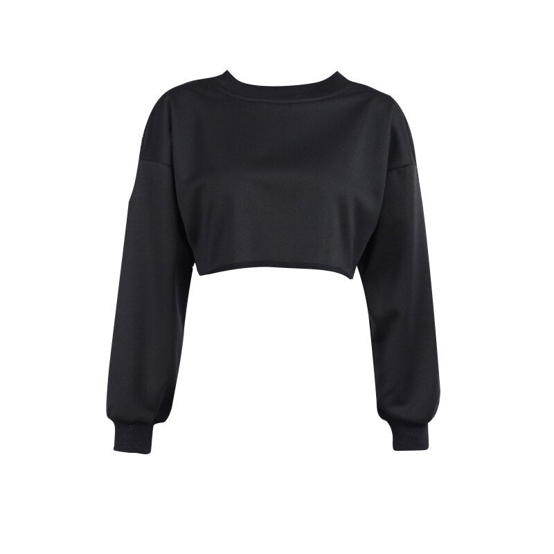 Solid Black Casual Autumn Cropped Sweatshirt freeshipping - Chagothic