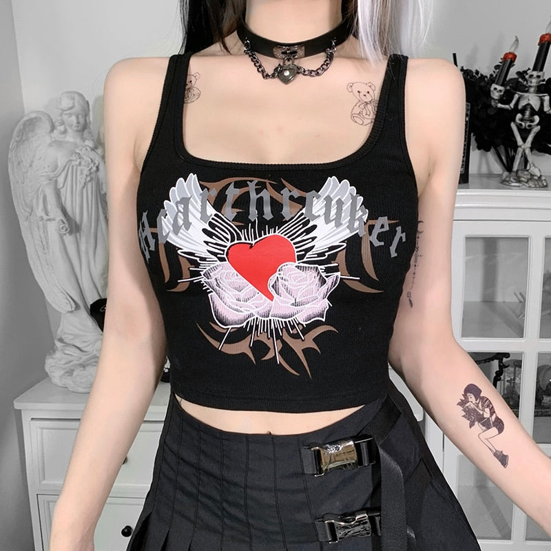 Gothic Sexy Black Heart Print Top